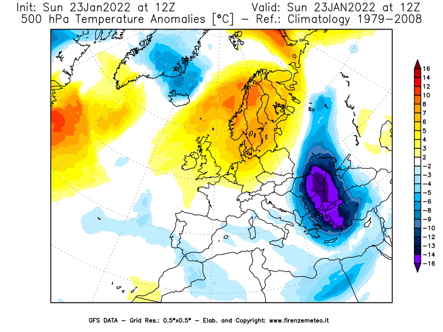 Mappa di analisi GFS - Anomalia Temperatura [°C] a 500 hPa in Europa
							del 23/01/2022 12 <!--googleoff: index-->UTC<!--googleon: index-->