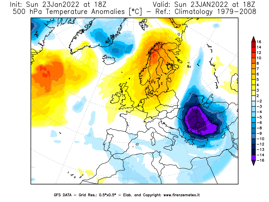Mappa di analisi GFS - Anomalia Temperatura [°C] a 500 hPa in Europa
							del 23/01/2022 18 <!--googleoff: index-->UTC<!--googleon: index-->