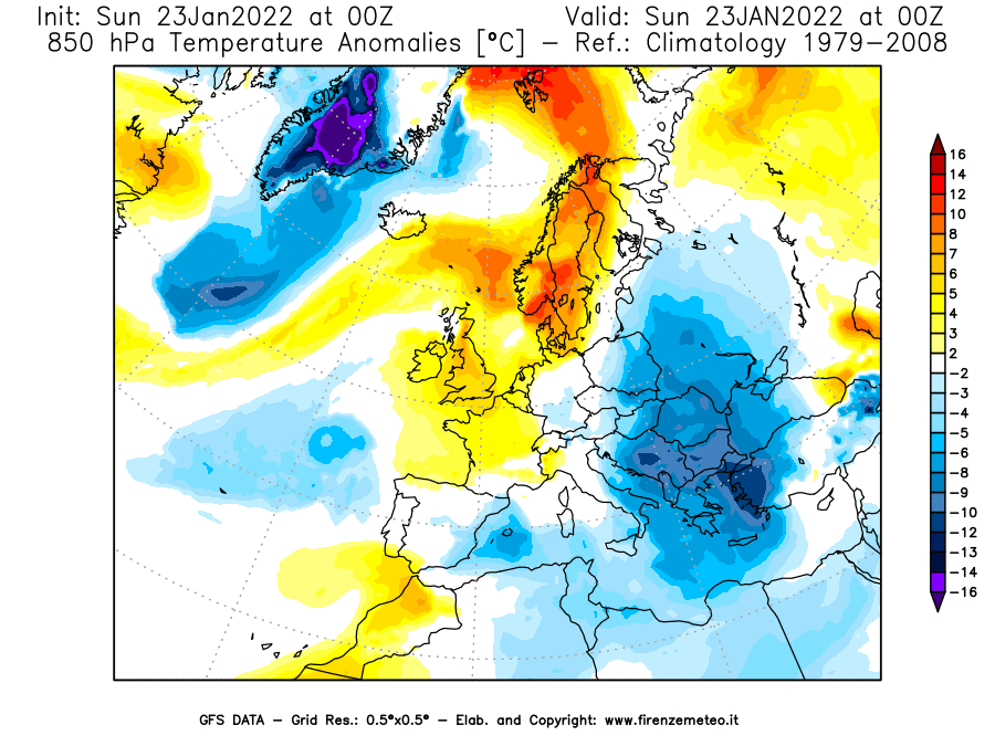 Mappa di analisi GFS - Anomalia Temperatura [°C] a 850 hPa in Europa
							del 23/01/2022 00 <!--googleoff: index-->UTC<!--googleon: index-->