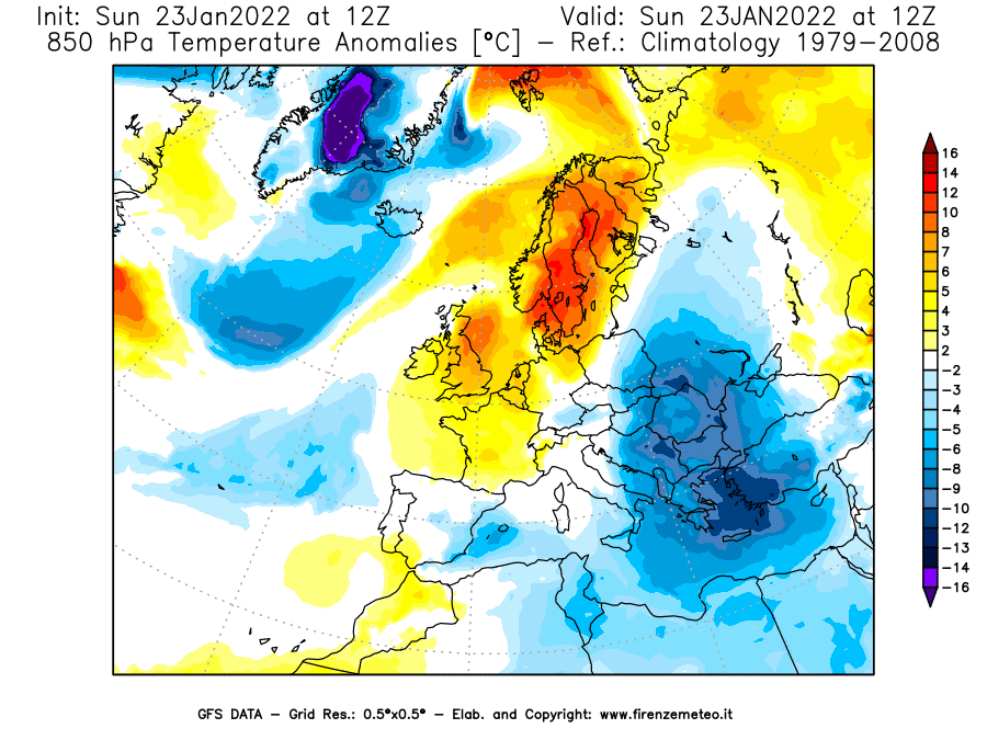 Mappa di analisi GFS - Anomalia Temperatura [°C] a 850 hPa in Europa
							del 23/01/2022 12 <!--googleoff: index-->UTC<!--googleon: index-->