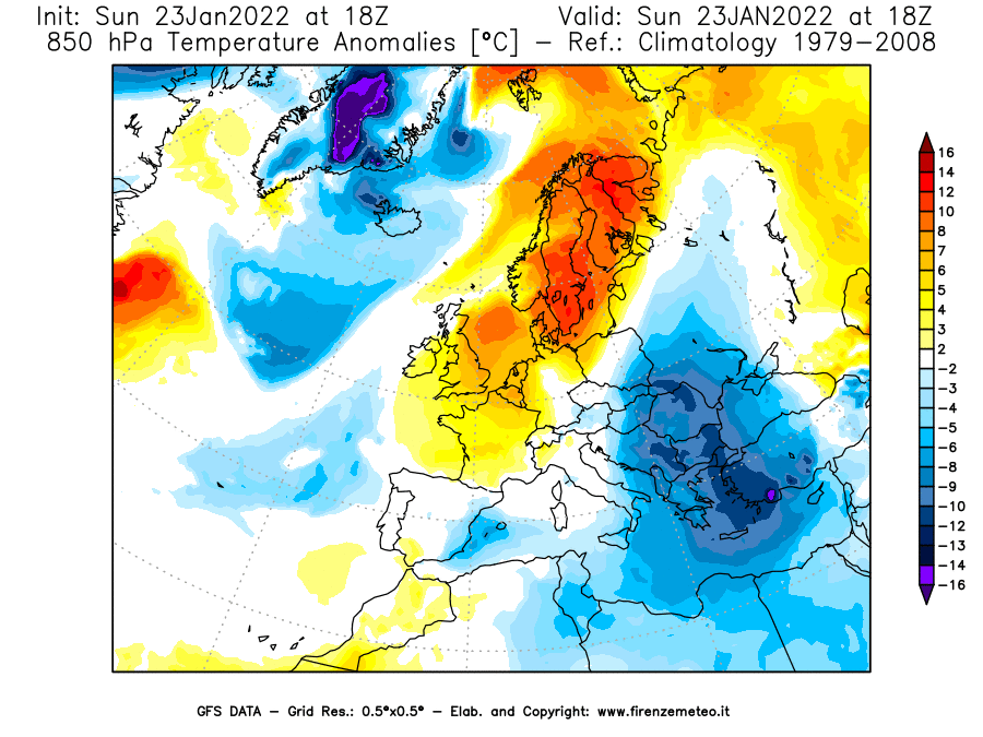 Mappa di analisi GFS - Anomalia Temperatura [°C] a 850 hPa in Europa
							del 23/01/2022 18 <!--googleoff: index-->UTC<!--googleon: index-->