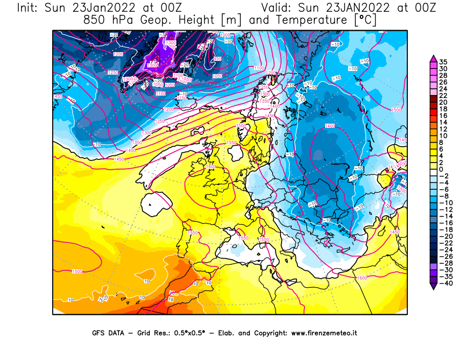 Mappa di analisi GFS - Geopotenziale [m] e Temperatura [°C] a 850 hPa in Europa
							del 23/01/2022 00 <!--googleoff: index-->UTC<!--googleon: index-->
