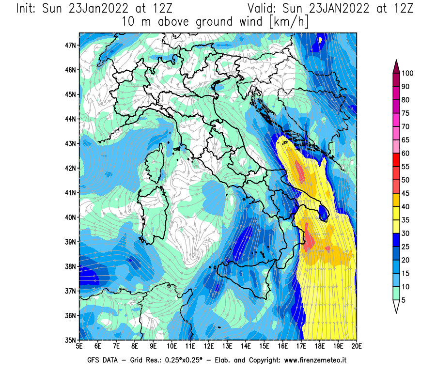 Mappa di analisi GFS - Velocità del vento a 10 metri dal suolo [km/h] in Italia
							del 23/01/2022 12 <!--googleoff: index-->UTC<!--googleon: index-->