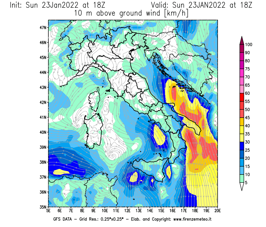 Mappa di analisi GFS - Velocità del vento a 10 metri dal suolo [km/h] in Italia
							del 23/01/2022 18 <!--googleoff: index-->UTC<!--googleon: index-->