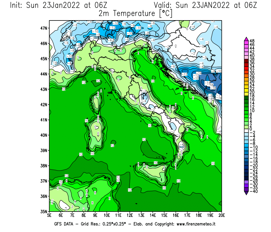 Mappa di analisi GFS - Temperatura a 2 metri dal suolo [°C] in Italia
							del 23/01/2022 06 <!--googleoff: index-->UTC<!--googleon: index-->