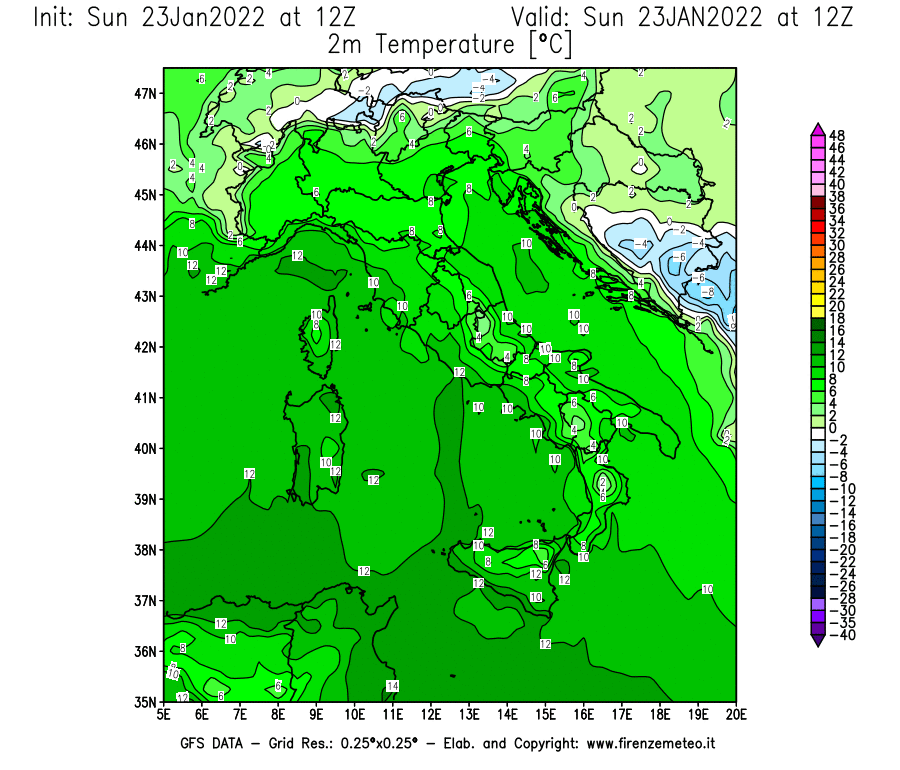 Mappa di analisi GFS - Temperatura a 2 metri dal suolo [°C] in Italia
							del 23/01/2022 12 <!--googleoff: index-->UTC<!--googleon: index-->