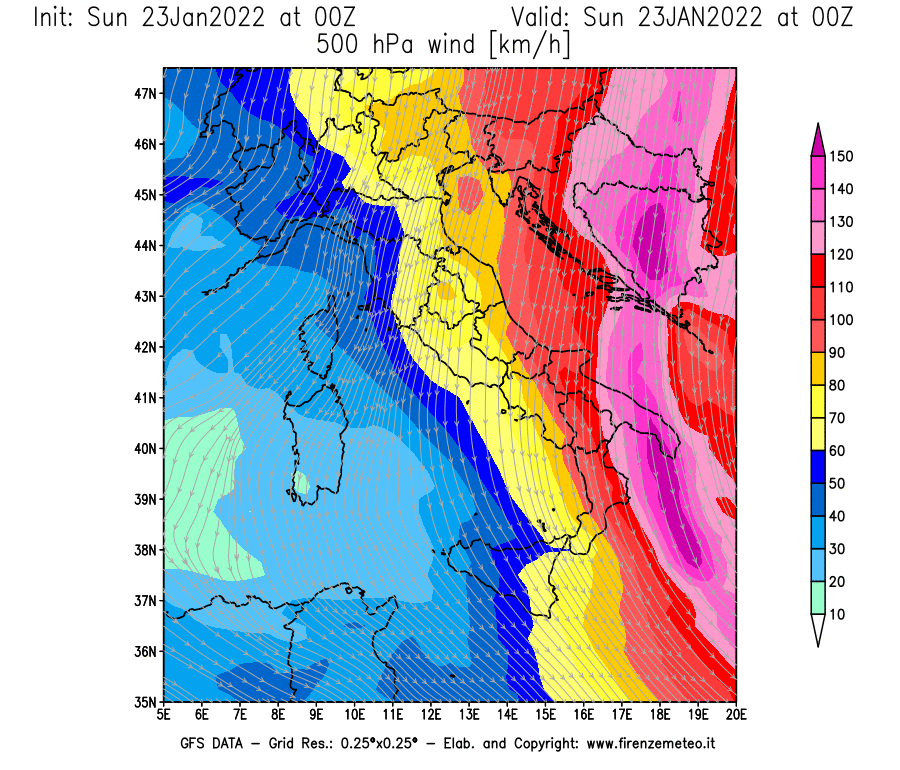Mappa di analisi GFS - Velocità del vento a 500 hPa [km/h] in Italia
							del 23/01/2022 00 <!--googleoff: index-->UTC<!--googleon: index-->