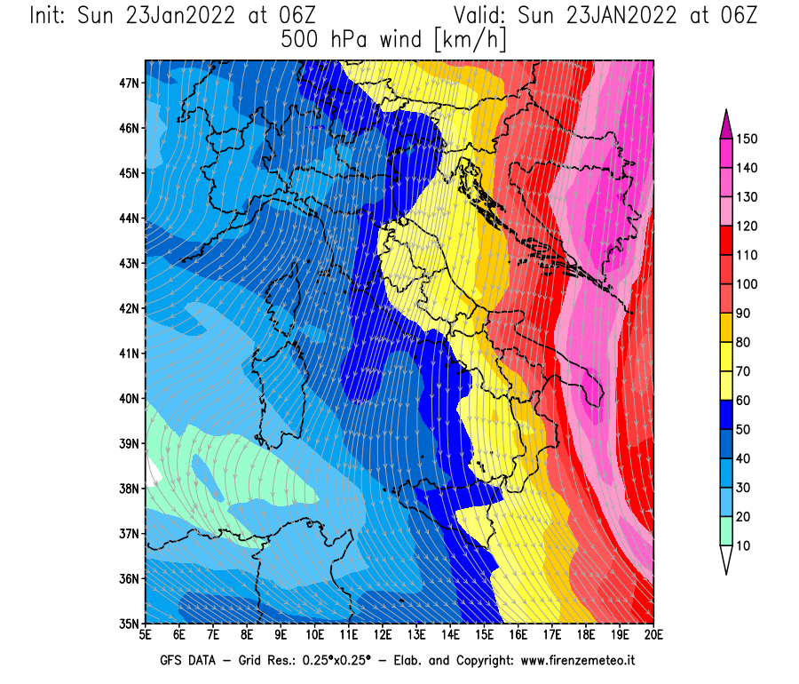 Mappa di analisi GFS - Velocità del vento a 500 hPa [km/h] in Italia
							del 23/01/2022 06 <!--googleoff: index-->UTC<!--googleon: index-->