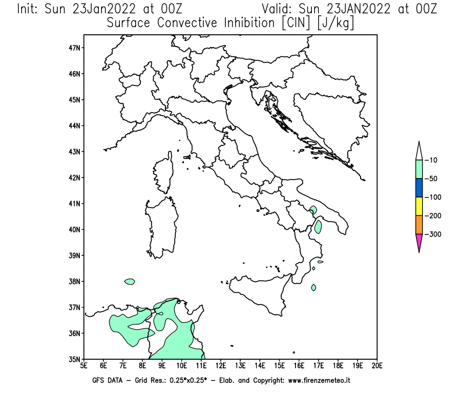 Mappa di analisi GFS - CIN [J/kg] in Italia
							del 23/01/2022 00 <!--googleoff: index-->UTC<!--googleon: index-->