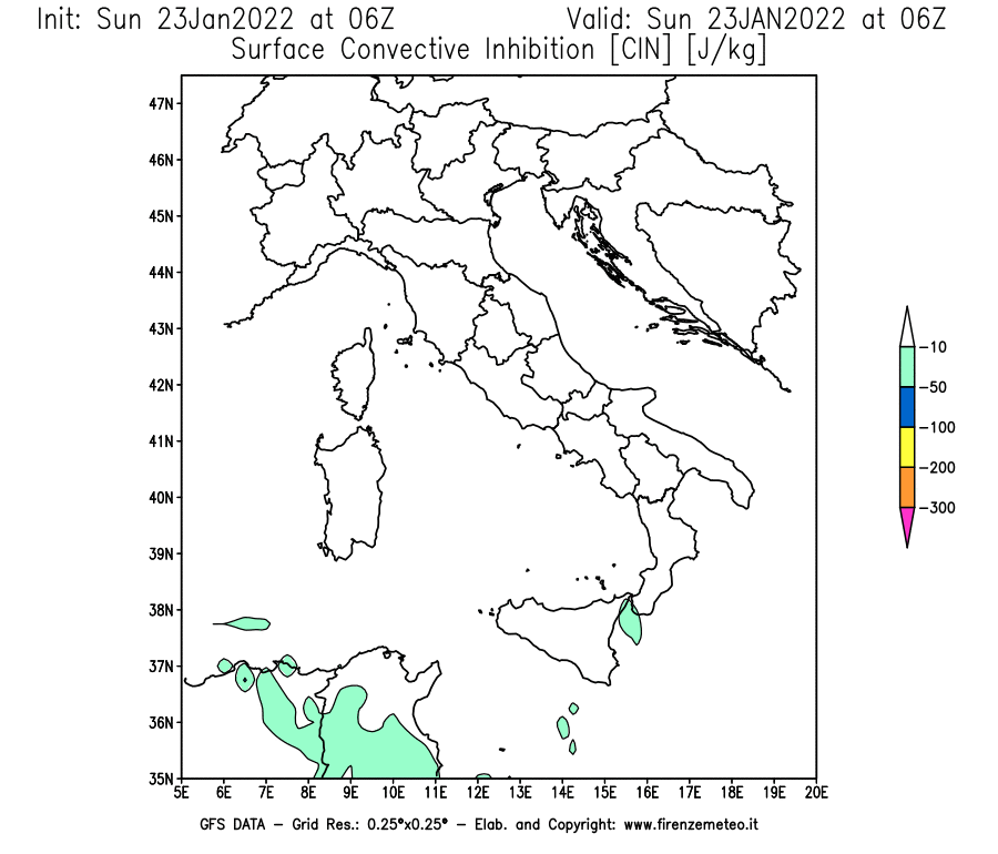 Mappa di analisi GFS - CIN [J/kg] in Italia
							del 23/01/2022 06 <!--googleoff: index-->UTC<!--googleon: index-->