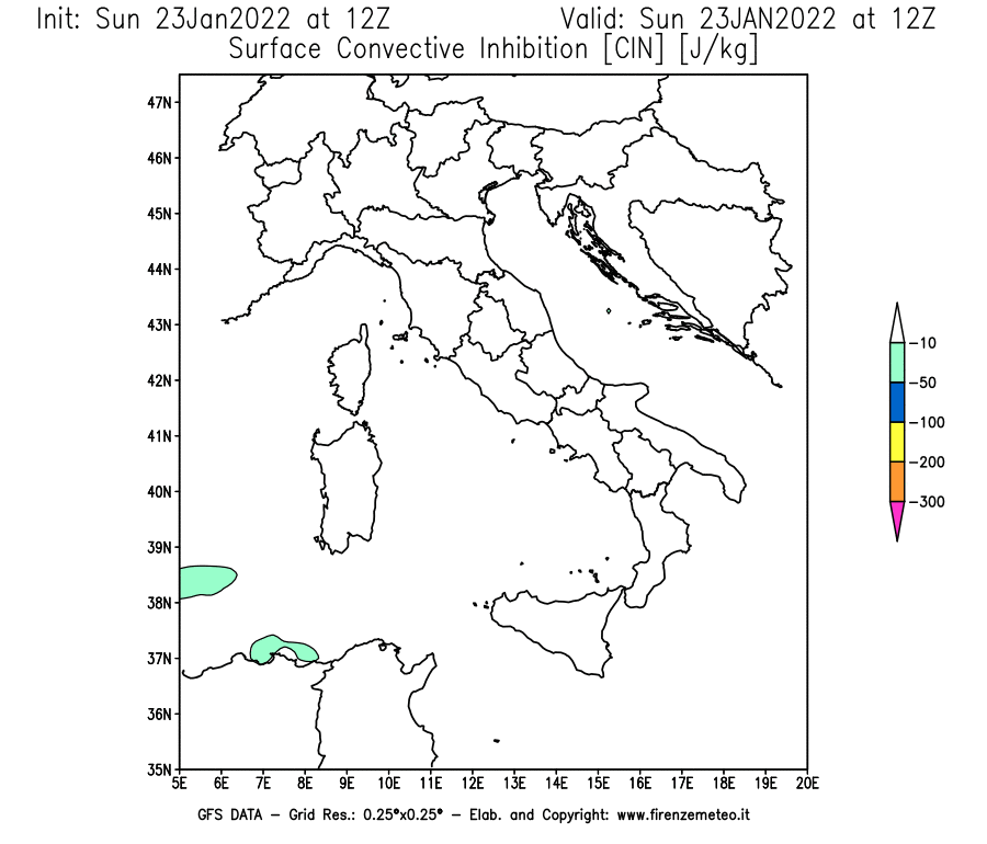 Mappa di analisi GFS - CIN [J/kg] in Italia
							del 23/01/2022 12 <!--googleoff: index-->UTC<!--googleon: index-->