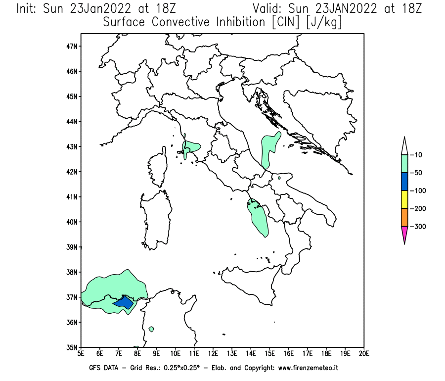 Mappa di analisi GFS - CIN [J/kg] in Italia
							del 23/01/2022 18 <!--googleoff: index-->UTC<!--googleon: index-->