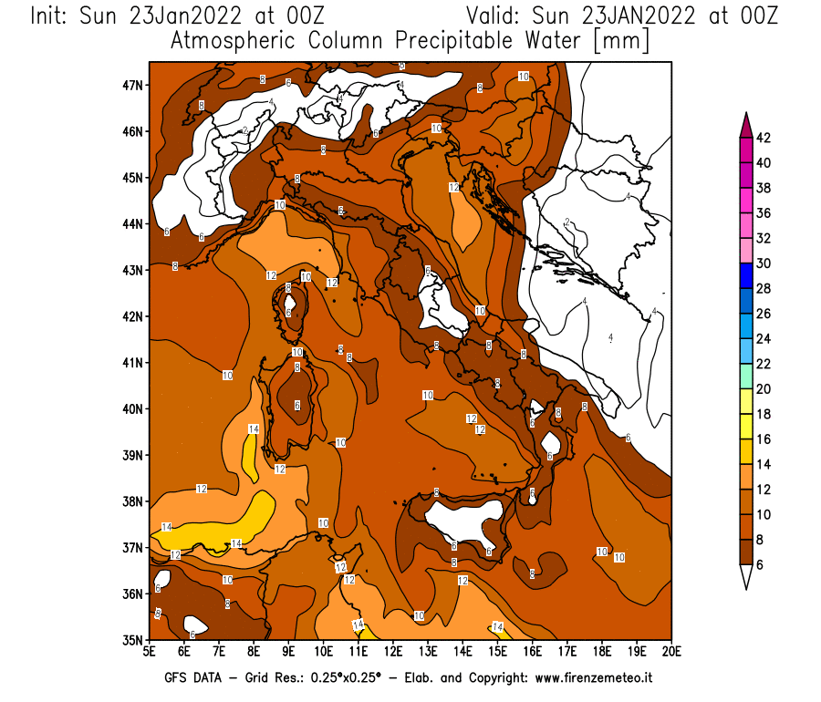 Mappa di analisi GFS - Precipitable Water [mm] in Italia
							del 23/01/2022 00 <!--googleoff: index-->UTC<!--googleon: index-->