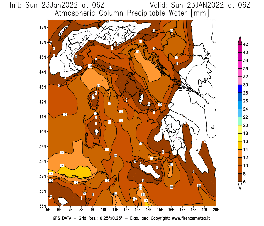 Mappa di analisi GFS - Precipitable Water [mm] in Italia
							del 23/01/2022 06 <!--googleoff: index-->UTC<!--googleon: index-->