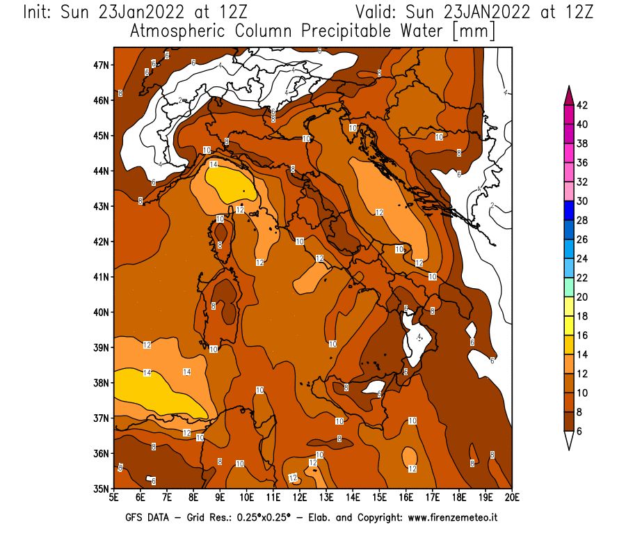 Mappa di analisi GFS - Precipitable Water [mm] in Italia
							del 23/01/2022 12 <!--googleoff: index-->UTC<!--googleon: index-->