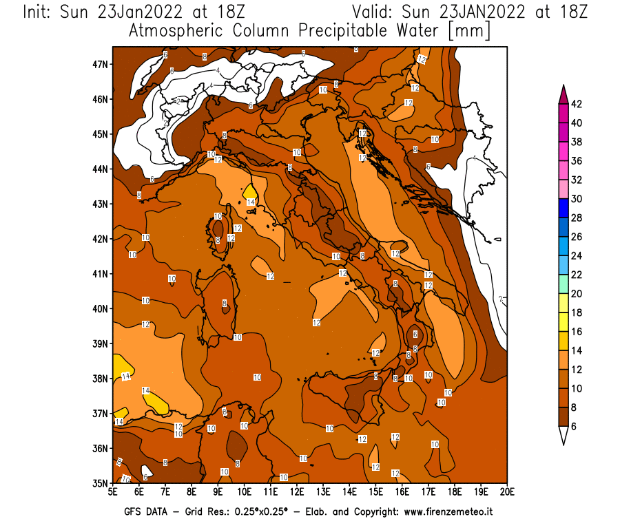 Mappa di analisi GFS - Precipitable Water [mm] in Italia
							del 23/01/2022 18 <!--googleoff: index-->UTC<!--googleon: index-->