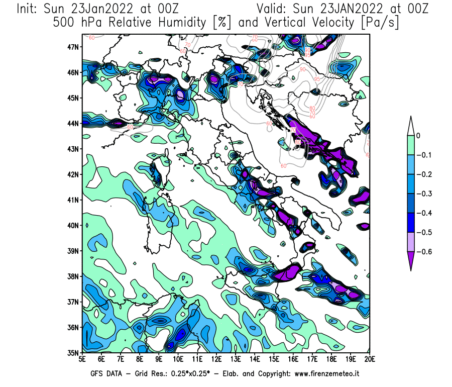 Mappa di analisi GFS - Umidità relativa [%] e Omega [Pa/s] a 500 hPa in Italia
							del 23/01/2022 00 <!--googleoff: index-->UTC<!--googleon: index-->