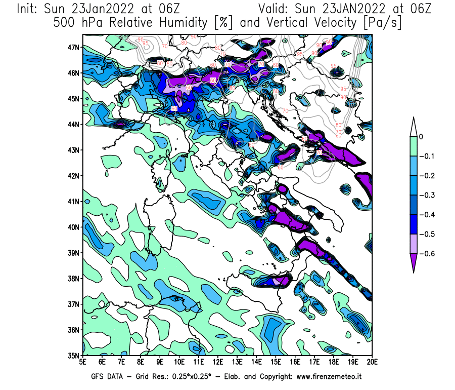 Mappa di analisi GFS - Umidità relativa [%] e Omega [Pa/s] a 500 hPa in Italia
							del 23/01/2022 06 <!--googleoff: index-->UTC<!--googleon: index-->