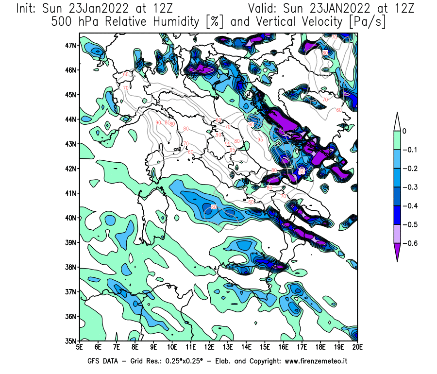 Mappa di analisi GFS - Umidità relativa [%] e Omega [Pa/s] a 500 hPa in Italia
							del 23/01/2022 12 <!--googleoff: index-->UTC<!--googleon: index-->