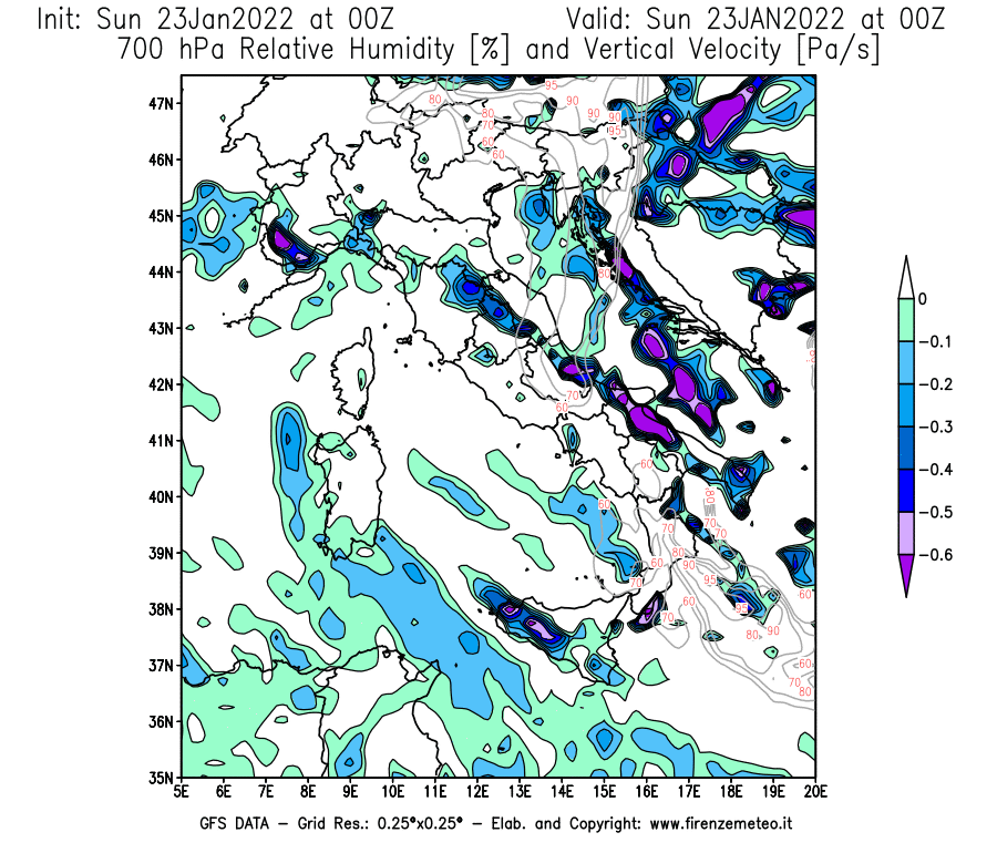 Mappa di analisi GFS - Umidità relativa [%] e Omega [Pa/s] a 700 hPa in Italia
							del 23/01/2022 00 <!--googleoff: index-->UTC<!--googleon: index-->