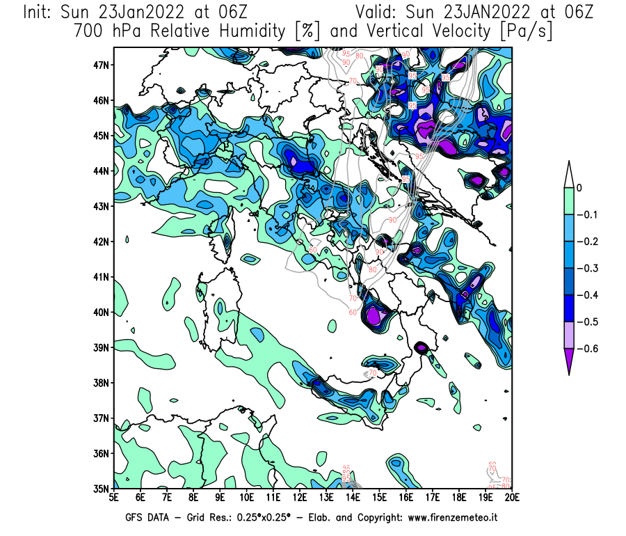 Mappa di analisi GFS - Umidità relativa [%] e Omega [Pa/s] a 700 hPa in Italia
							del 23/01/2022 06 <!--googleoff: index-->UTC<!--googleon: index-->