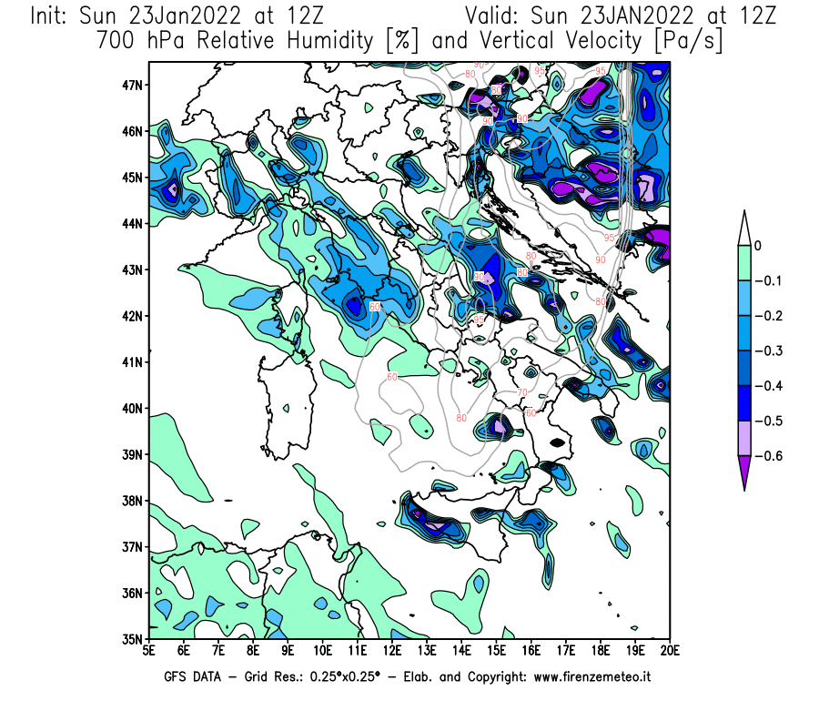 Mappa di analisi GFS - Umidità relativa [%] e Omega [Pa/s] a 700 hPa in Italia
							del 23/01/2022 12 <!--googleoff: index-->UTC<!--googleon: index-->