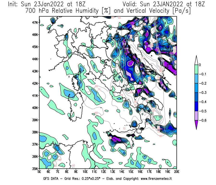 Mappa di analisi GFS - Umidità relativa [%] e Omega [Pa/s] a 700 hPa in Italia
							del 23/01/2022 18 <!--googleoff: index-->UTC<!--googleon: index-->