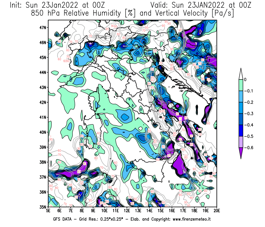 Mappa di analisi GFS - Umidità relativa [%] e Omega [Pa/s] a 850 hPa in Italia
							del 23/01/2022 00 <!--googleoff: index-->UTC<!--googleon: index-->