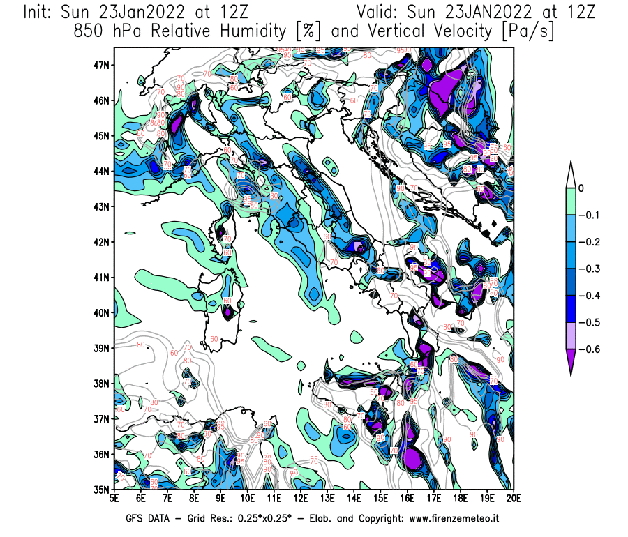 Mappa di analisi GFS - Umidità relativa [%] e Omega [Pa/s] a 850 hPa in Italia
							del 23/01/2022 12 <!--googleoff: index-->UTC<!--googleon: index-->