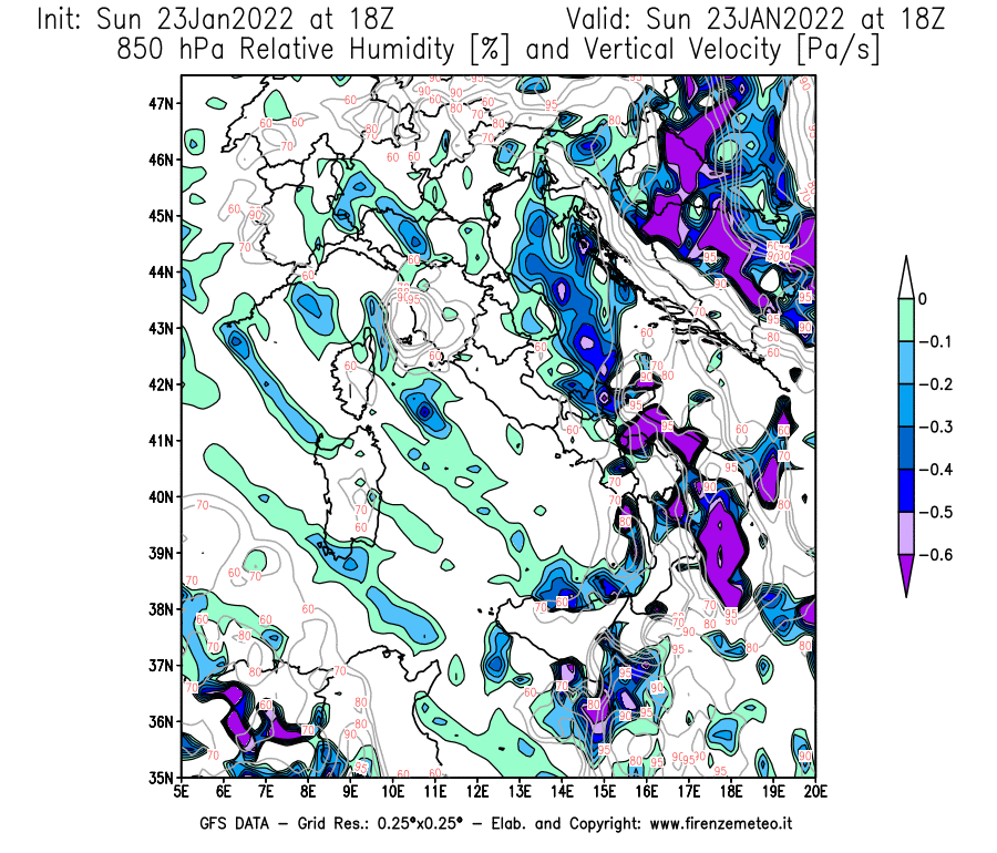 Mappa di analisi GFS - Umidità relativa [%] e Omega [Pa/s] a 850 hPa in Italia
							del 23/01/2022 18 <!--googleoff: index-->UTC<!--googleon: index-->