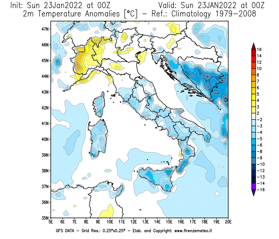 Mappa di analisi GFS - Anomalia Temperatura [°C] a 2 m in Italia
							del 23/01/2022 00 <!--googleoff: index-->UTC<!--googleon: index-->