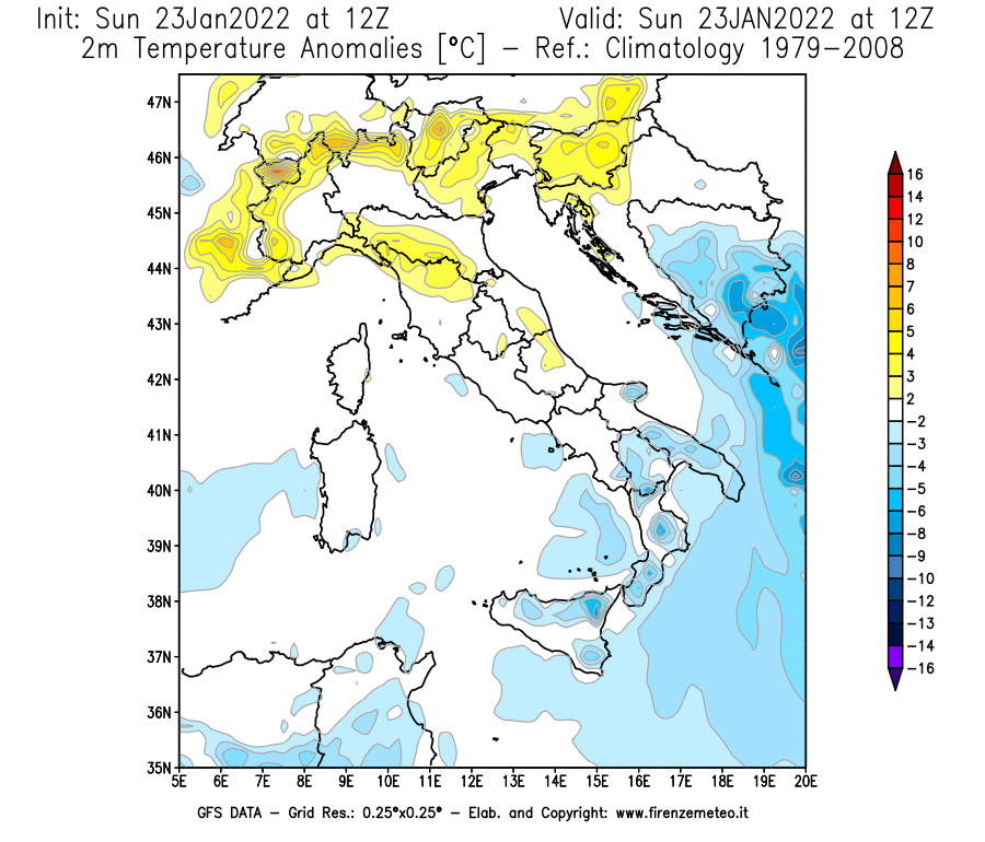Mappa di analisi GFS - Anomalia Temperatura [°C] a 2 m in Italia
							del 23/01/2022 12 <!--googleoff: index-->UTC<!--googleon: index-->
