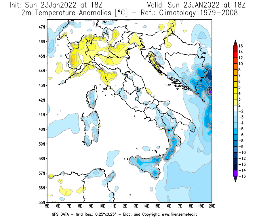 Mappa di analisi GFS - Anomalia Temperatura [°C] a 2 m in Italia
							del 23/01/2022 18 <!--googleoff: index-->UTC<!--googleon: index-->