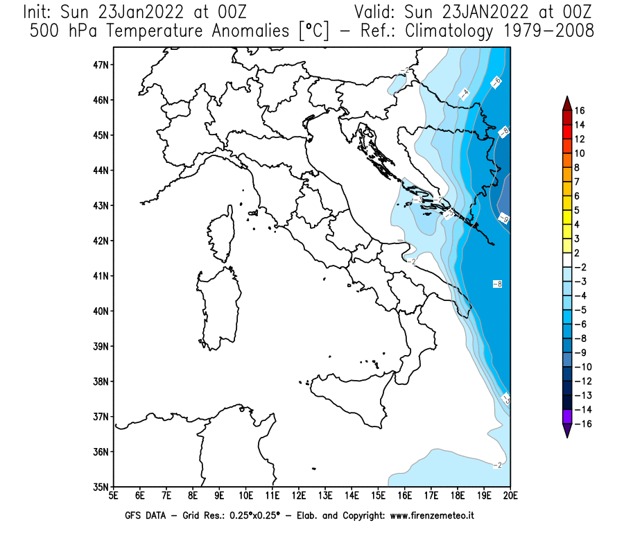 Mappa di analisi GFS - Anomalia Temperatura [°C] a 500 hPa in Italia
							del 23/01/2022 00 <!--googleoff: index-->UTC<!--googleon: index-->