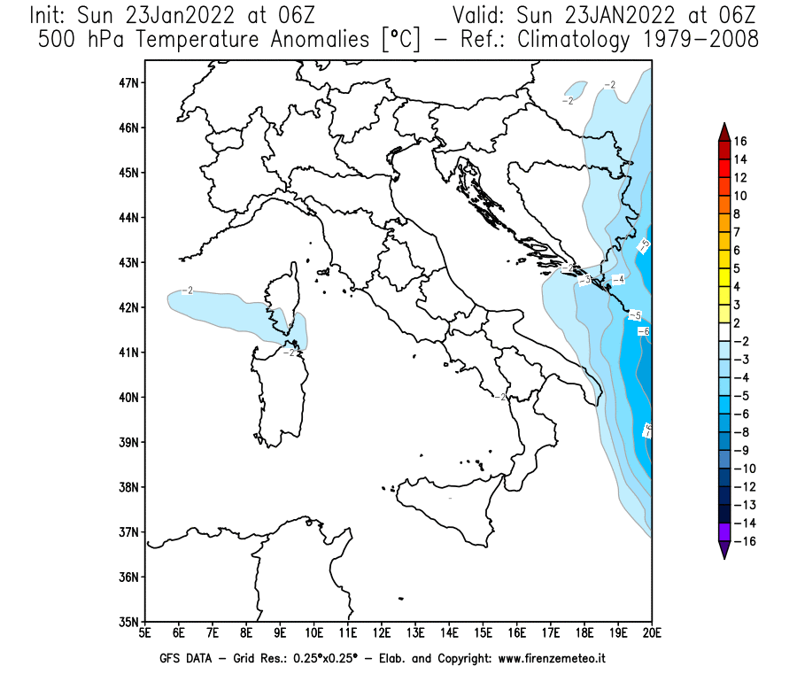 Mappa di analisi GFS - Anomalia Temperatura [°C] a 500 hPa in Italia
							del 23/01/2022 06 <!--googleoff: index-->UTC<!--googleon: index-->