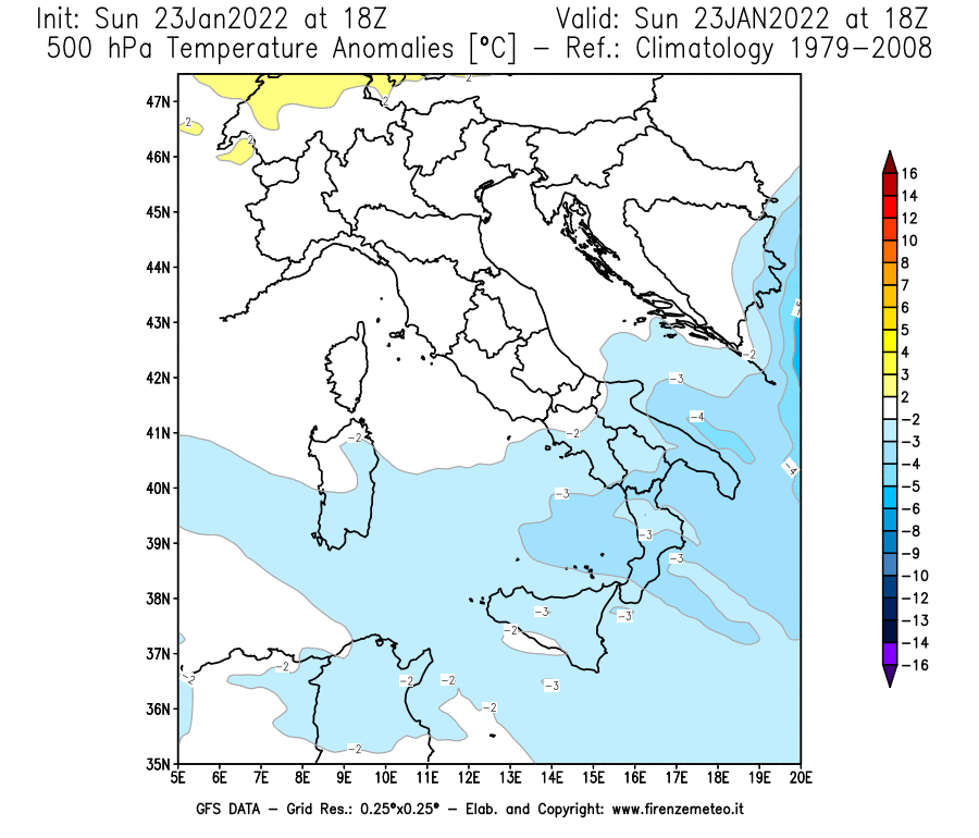 Mappa di analisi GFS - Anomalia Temperatura [°C] a 500 hPa in Italia
							del 23/01/2022 18 <!--googleoff: index-->UTC<!--googleon: index-->