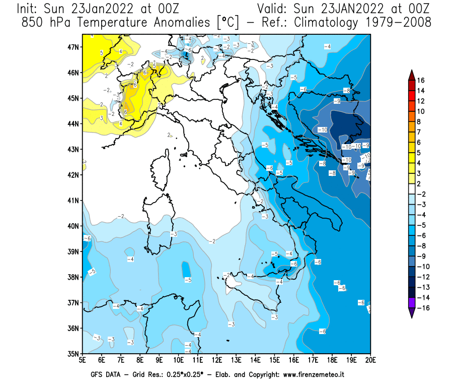 Mappa di analisi GFS - Anomalia Temperatura [°C] a 850 hPa in Italia
							del 23/01/2022 00 <!--googleoff: index-->UTC<!--googleon: index-->