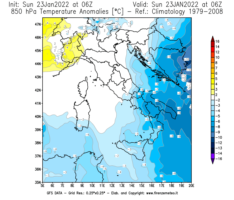 Mappa di analisi GFS - Anomalia Temperatura [°C] a 850 hPa in Italia
							del 23/01/2022 06 <!--googleoff: index-->UTC<!--googleon: index-->
