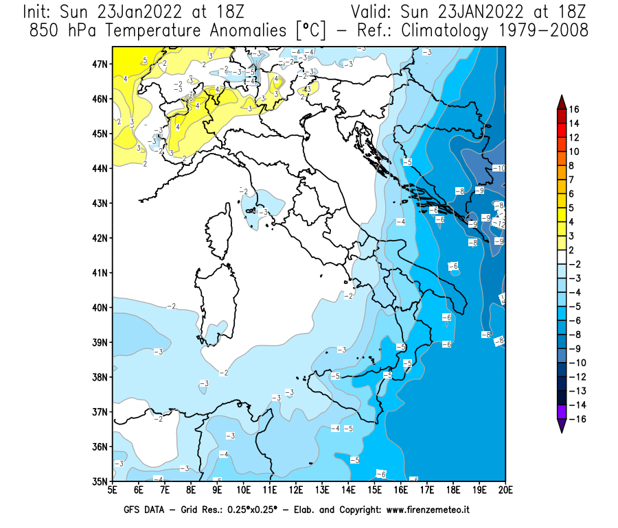 Mappa di analisi GFS - Anomalia Temperatura [°C] a 850 hPa in Italia
							del 23/01/2022 18 <!--googleoff: index-->UTC<!--googleon: index-->
