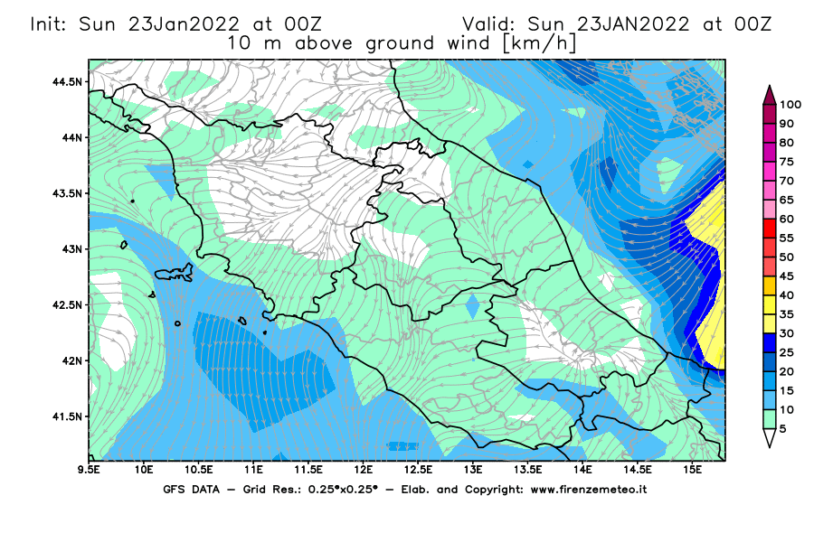 Mappa di analisi GFS - Velocità del vento a 10 metri dal suolo [km/h] in Centro-Italia
							del 23/01/2022 00 <!--googleoff: index-->UTC<!--googleon: index-->