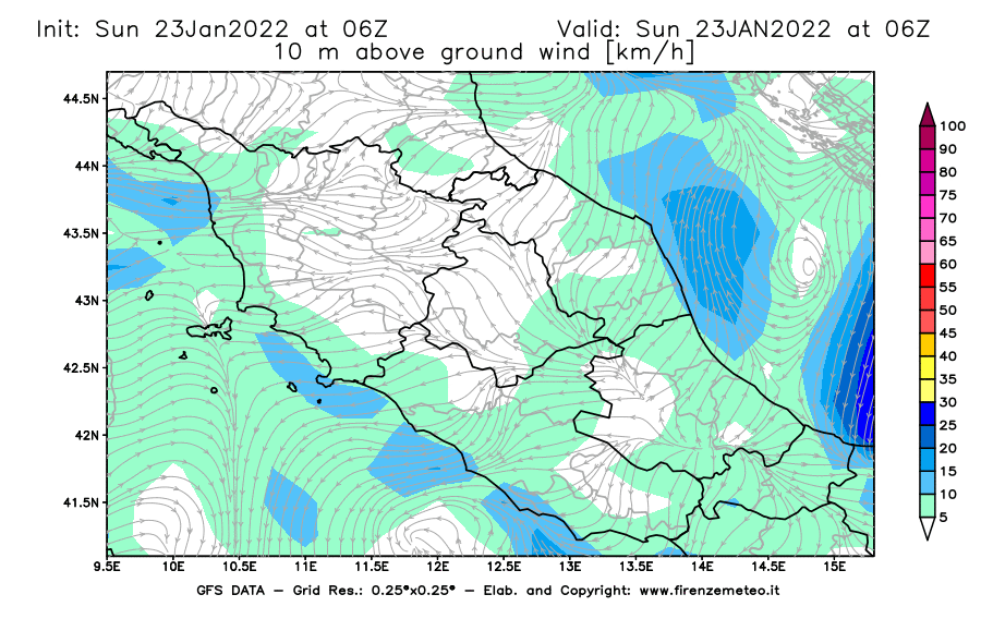 Mappa di analisi GFS - Velocità del vento a 10 metri dal suolo [km/h] in Centro-Italia
							del 23/01/2022 06 <!--googleoff: index-->UTC<!--googleon: index-->