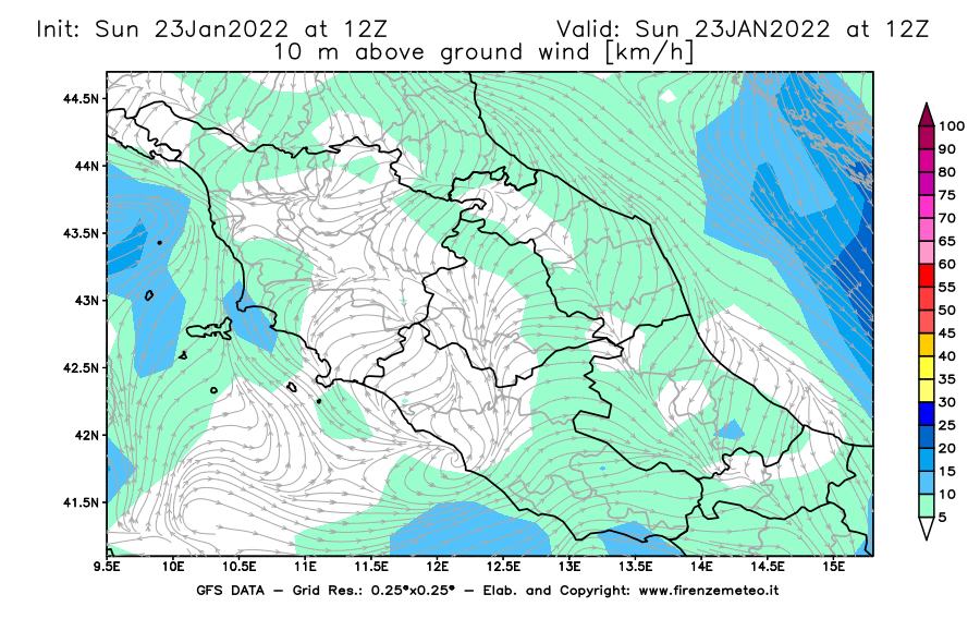 Mappa di analisi GFS - Velocità del vento a 10 metri dal suolo [km/h] in Centro-Italia
							del 23/01/2022 12 <!--googleoff: index-->UTC<!--googleon: index-->