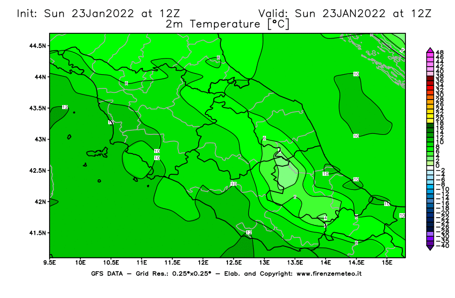 Mappa di analisi GFS - Temperatura a 2 metri dal suolo [°C] in Centro-Italia
							del 23/01/2022 12 <!--googleoff: index-->UTC<!--googleon: index-->