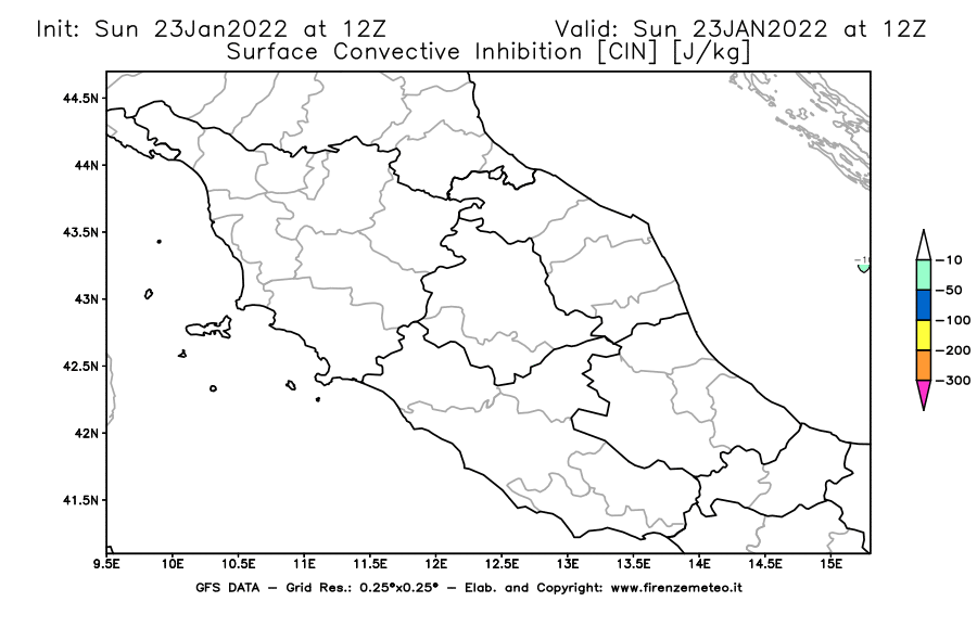 Mappa di analisi GFS - CIN [J/kg] in Centro-Italia
							del 23/01/2022 12 <!--googleoff: index-->UTC<!--googleon: index-->