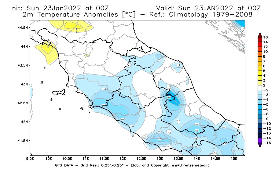 Mappa di analisi GFS - Anomalia Temperatura [°C] a 2 m in Centro-Italia
							del 23/01/2022 00 <!--googleoff: index-->UTC<!--googleon: index-->