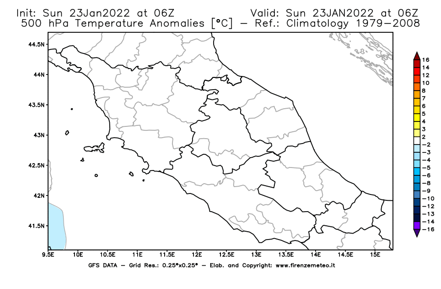 Mappa di analisi GFS - Anomalia Temperatura [°C] a 500 hPa in Centro-Italia
							del 23/01/2022 06 <!--googleoff: index-->UTC<!--googleon: index-->
