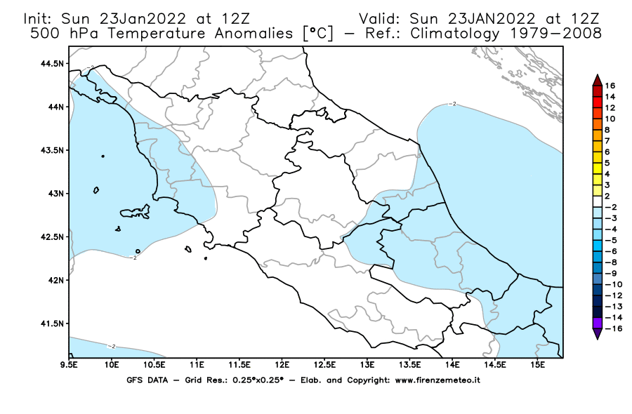 Mappa di analisi GFS - Anomalia Temperatura [°C] a 500 hPa in Centro-Italia
							del 23/01/2022 12 <!--googleoff: index-->UTC<!--googleon: index-->