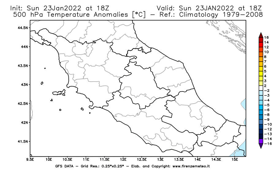 Mappa di analisi GFS - Anomalia Temperatura [°C] a 500 hPa in Centro-Italia
							del 23/01/2022 18 <!--googleoff: index-->UTC<!--googleon: index-->