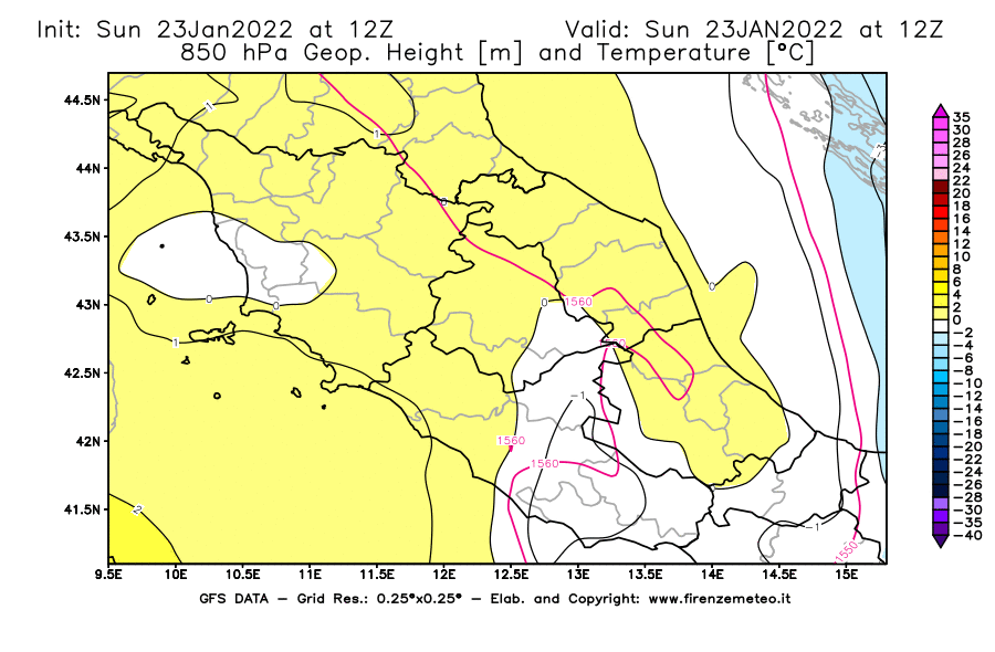 Mappa di analisi GFS - Geopotenziale [m] e Temperatura [°C] a 850 hPa in Centro-Italia
							del 23/01/2022 12 <!--googleoff: index-->UTC<!--googleon: index-->