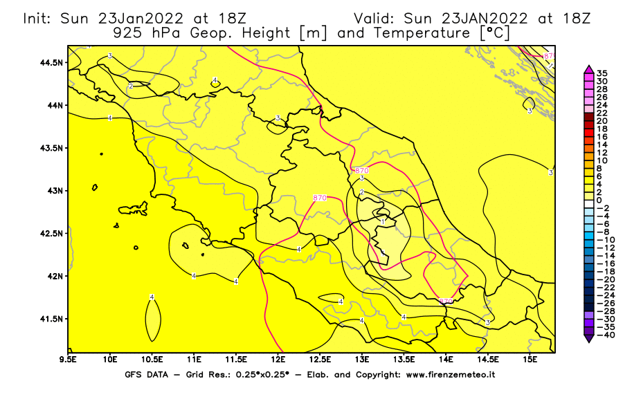 Mappa di analisi GFS - Geopotenziale [m] e Temperatura [°C] a 925 hPa in Centro-Italia
							del 23/01/2022 18 <!--googleoff: index-->UTC<!--googleon: index-->